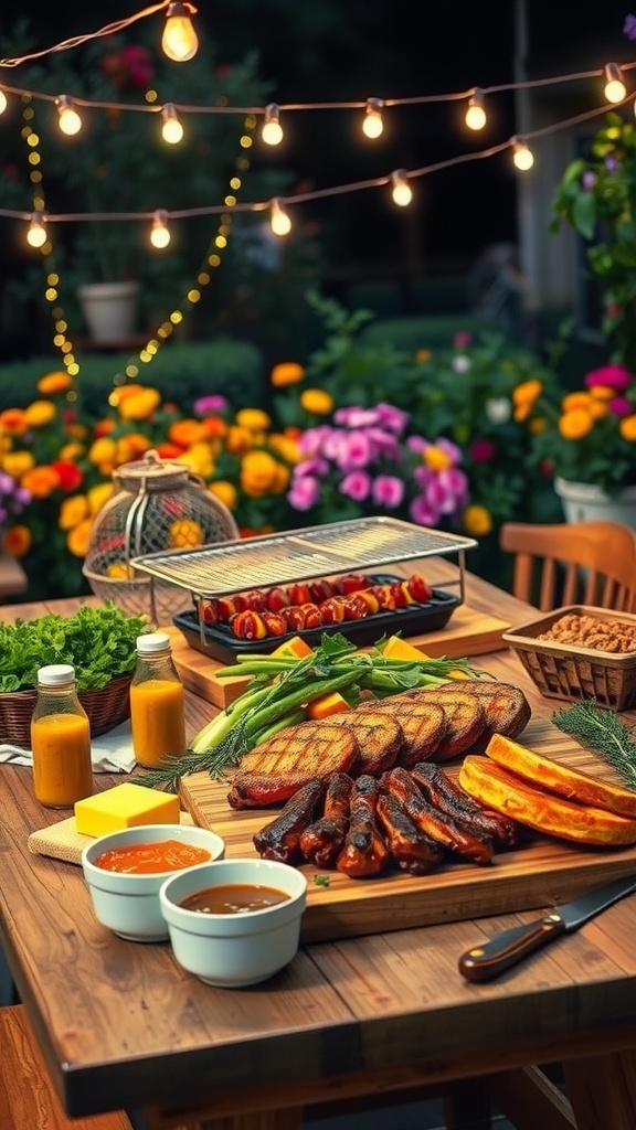 An outdoor BBQ setup with grilled meats, vegetables, and condiments under string lights.